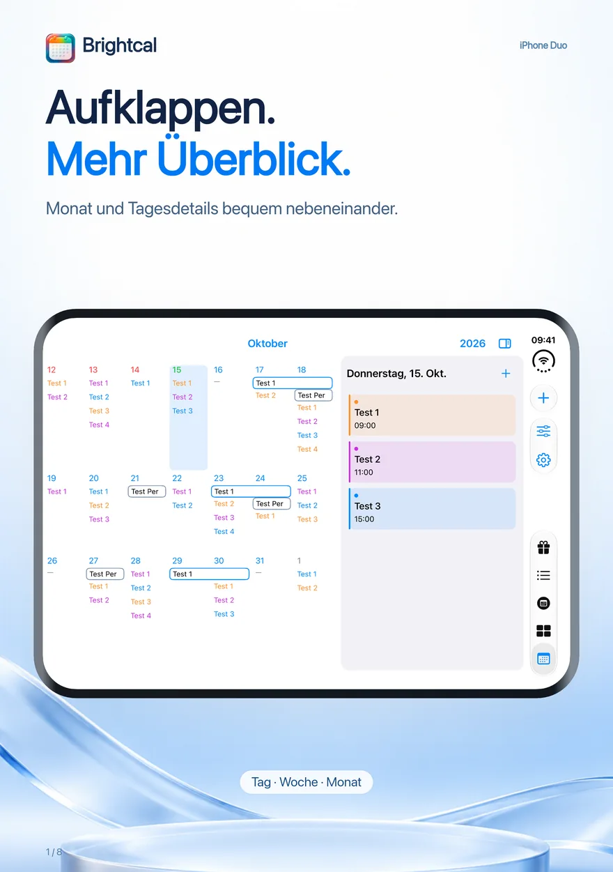 Brightcal · iPhone Duo — Brightcal von Dacoder: Monatsübersicht und Tagesdetails nebeneinander auf dem iPhone Duo.