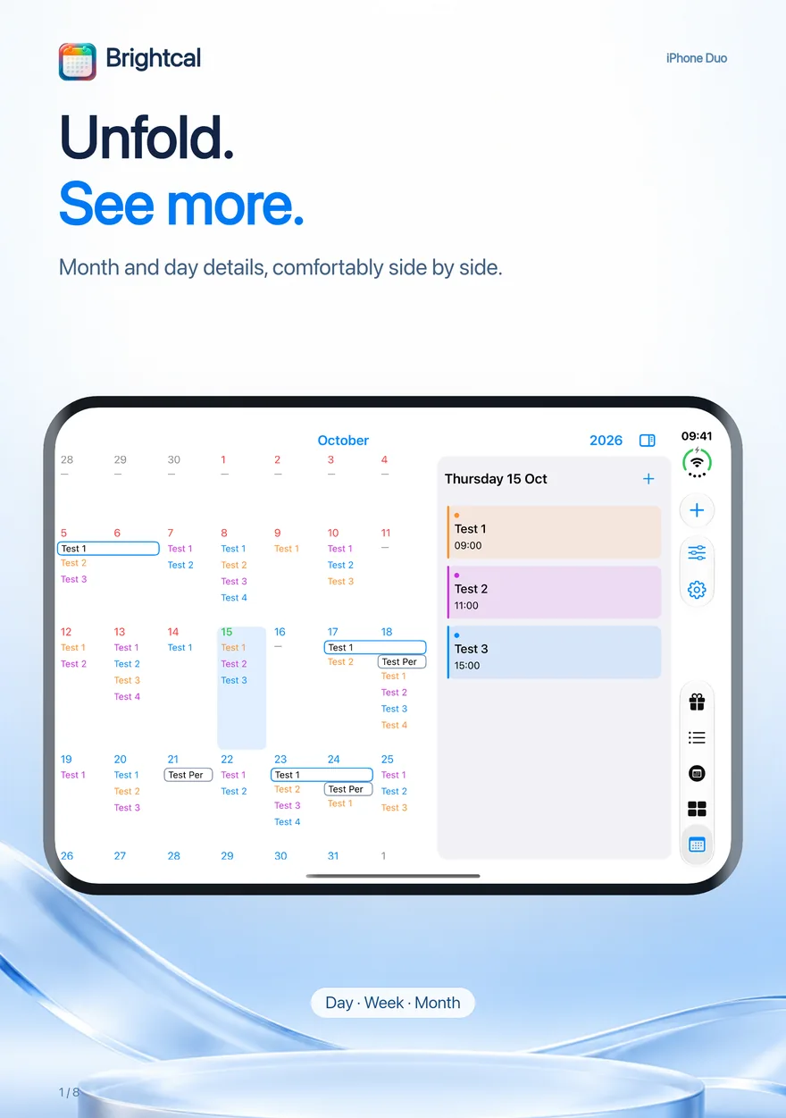 Brightcal · iPhone Duo — Brightcal by Dacoder: month overview and day details side by side on iPhone Duo.