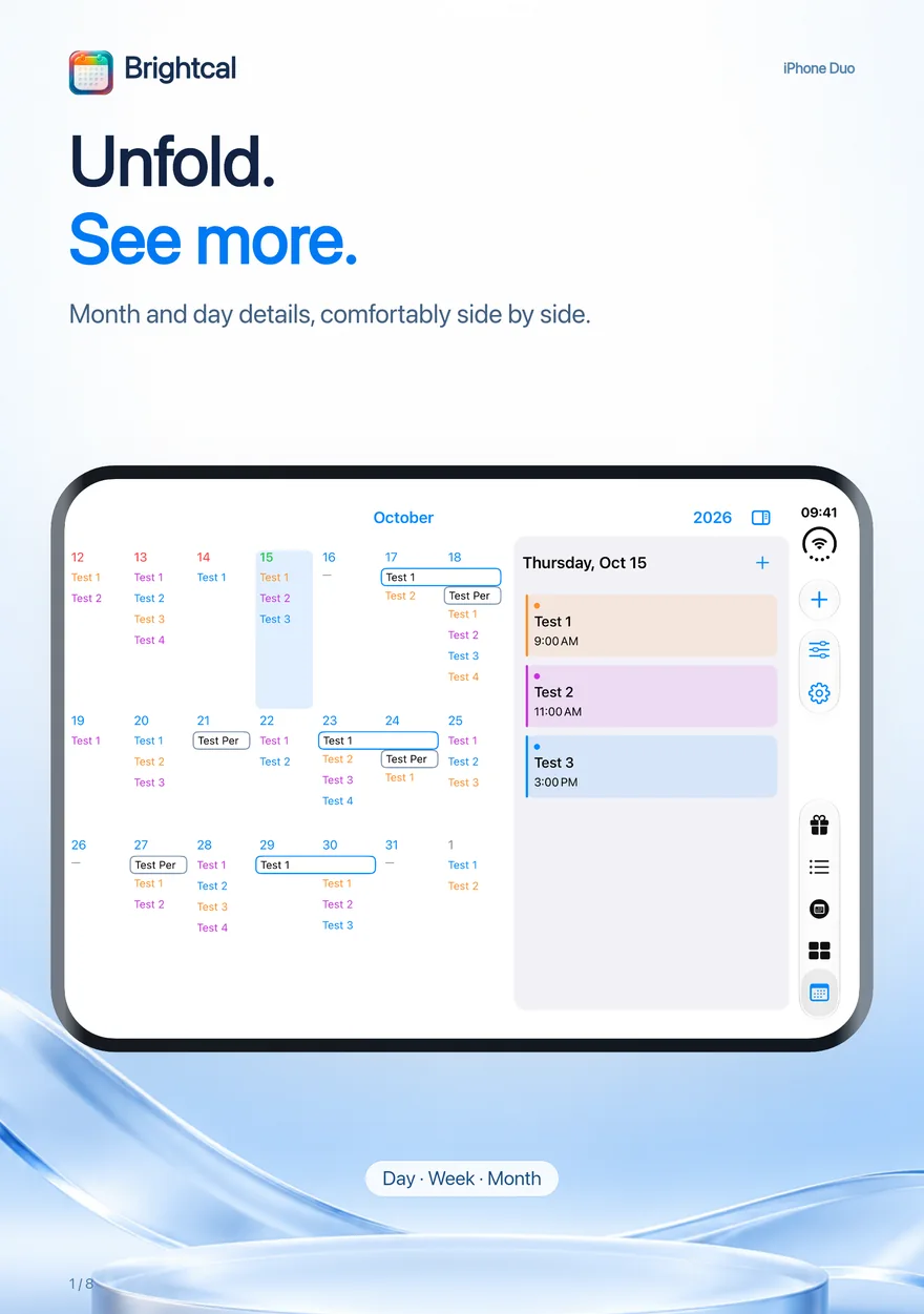 Brightcal · iPhone Duo — Brightcal by Dacoder: month overview and day details side by side on iPhone Duo.