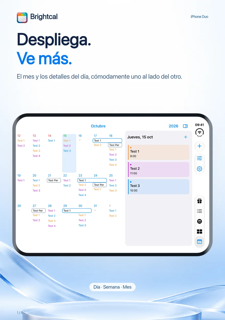 Brightcal · iPhone Duo — Brightcal de Dacoder: vista mensual y detalles del día uno al lado del otro en el iPhone Duo.