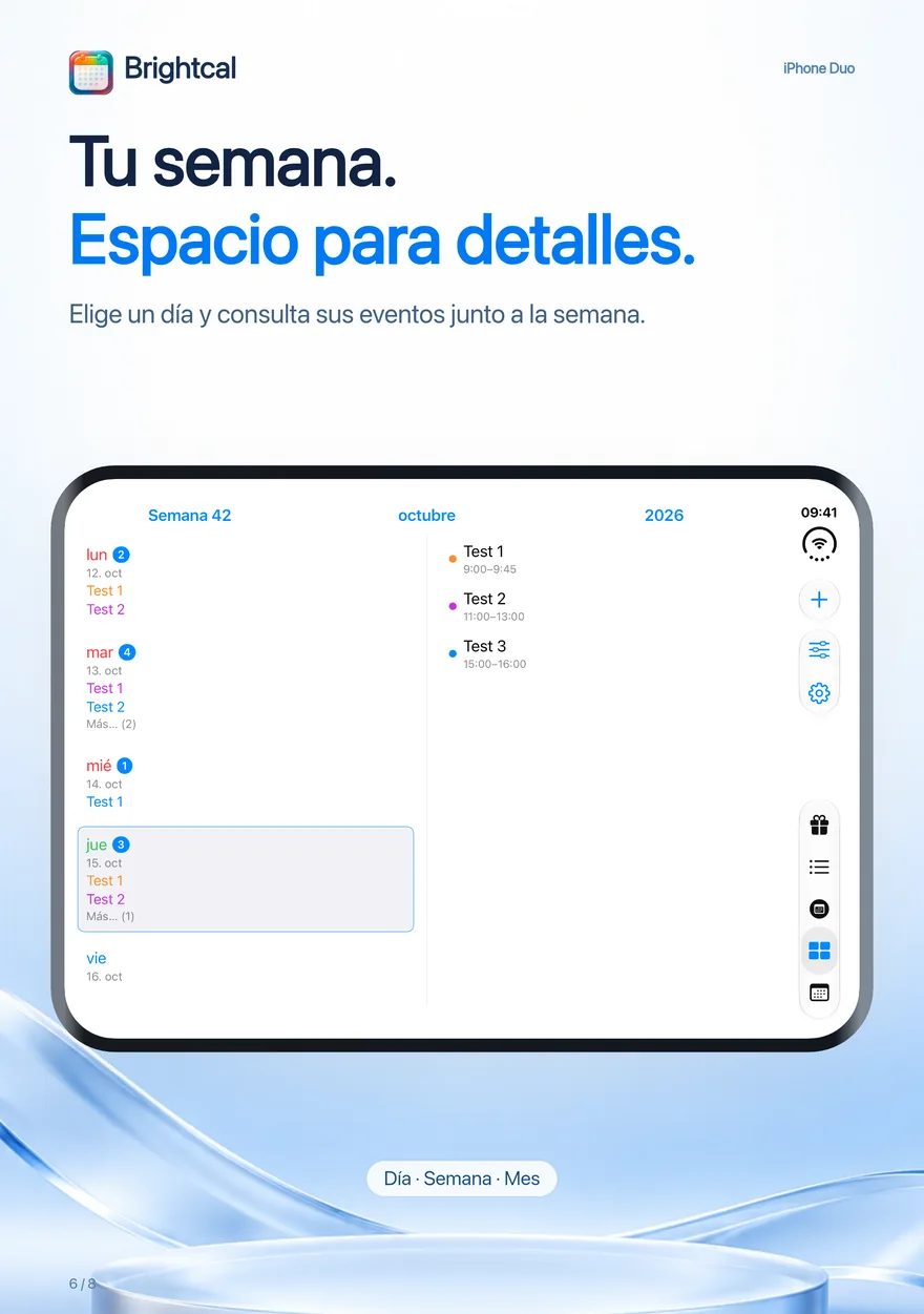 Brightcal · iPhone Duo — Brightcal de Dacoder: vista semanal con los eventos del día seleccionado al lado en el iPhone Duo.