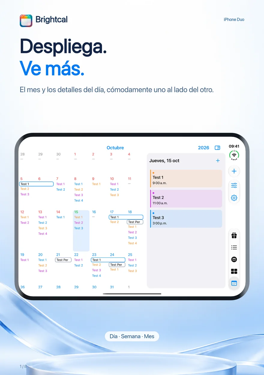 Brightcal · iPhone Duo — Brightcal de Dacoder: vista mensual y detalles del día uno al lado del otro en el iPhone Duo.