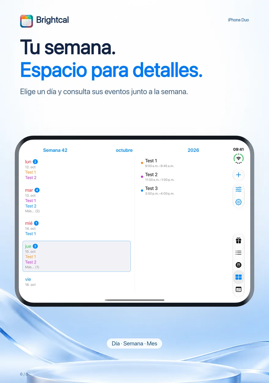 Brightcal · iPhone Duo — Brightcal de Dacoder: vista semanal con los eventos del día seleccionado al lado en el iPhone Duo.