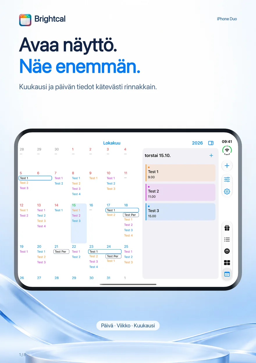 Brightcal · iPhone Duo — Dacoderin Brightcal: kuukausinäkymä ja päivän tiedot rinnakkain iPhone Duo -puhelimessa.