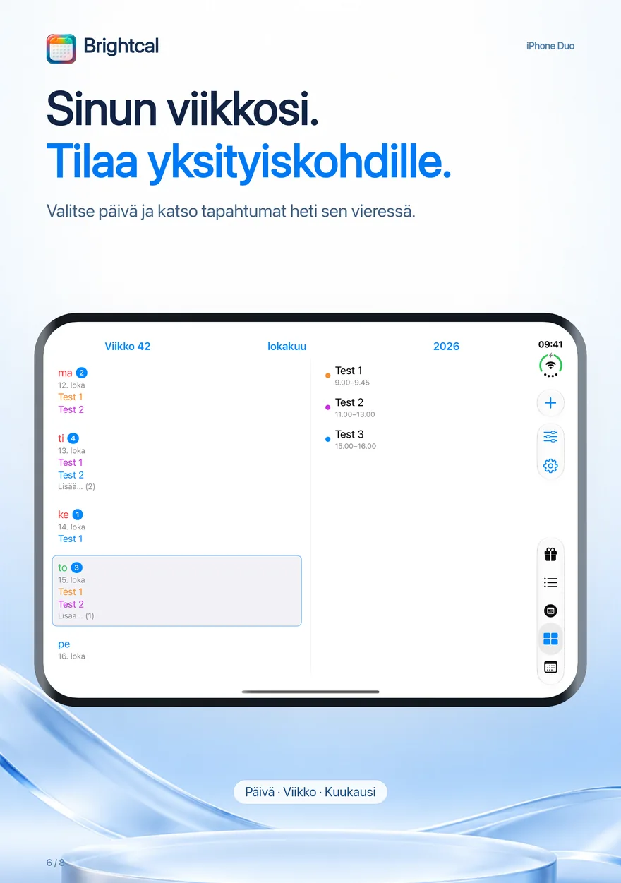 Brightcal · iPhone Duo — Dacoderin Brightcal: viikkonäkymä ja valitun päivän tapahtumat rinnakkain iPhone Duo -puhelimessa.