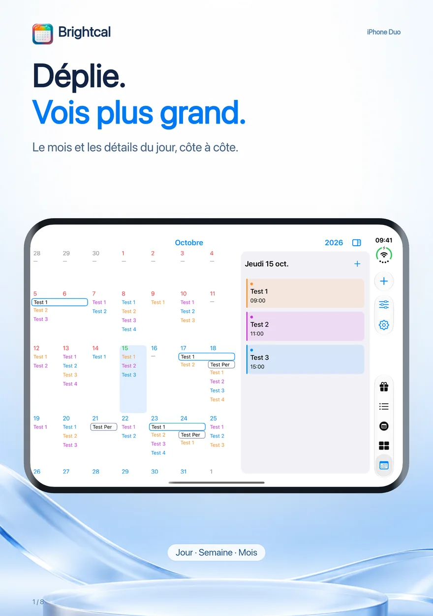Brightcal · iPhone Duo — Brightcal de Dacoder : vue mensuelle et détails de la journée côte à côte sur l’iPhone Duo.