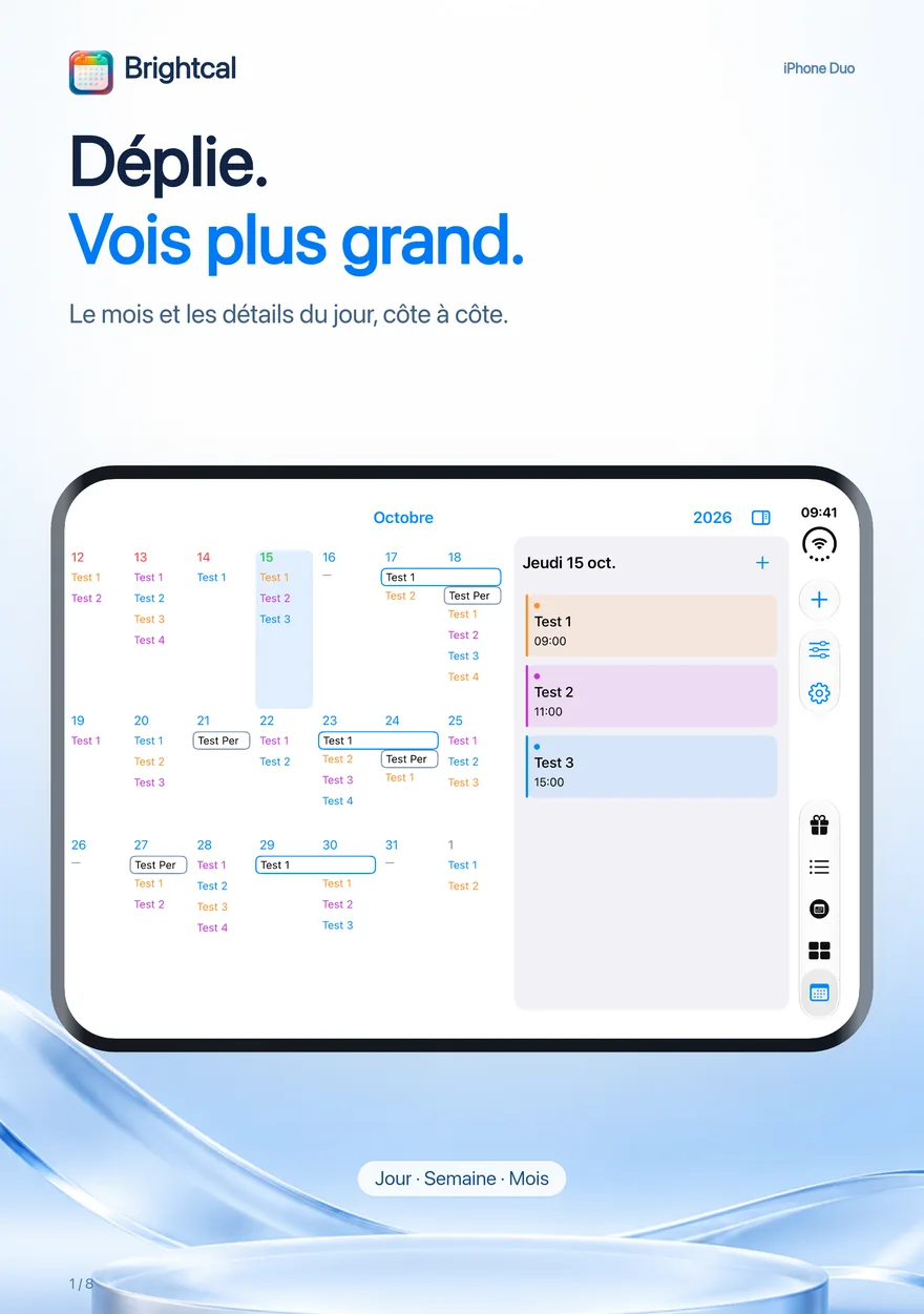 Brightcal · iPhone Duo — Brightcal de Dacoder : vue mensuelle et détails de la journée côte à côte sur l’iPhone Duo.