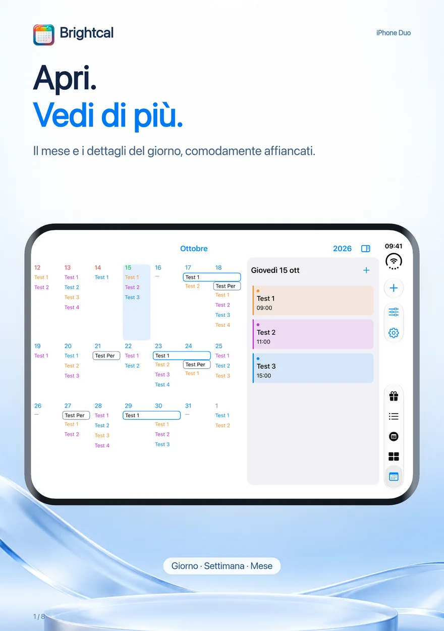 Brightcal · iPhone Duo — Brightcal di Dacoder: vista mensile e dettagli del giorno affiancati su iPhone Duo.