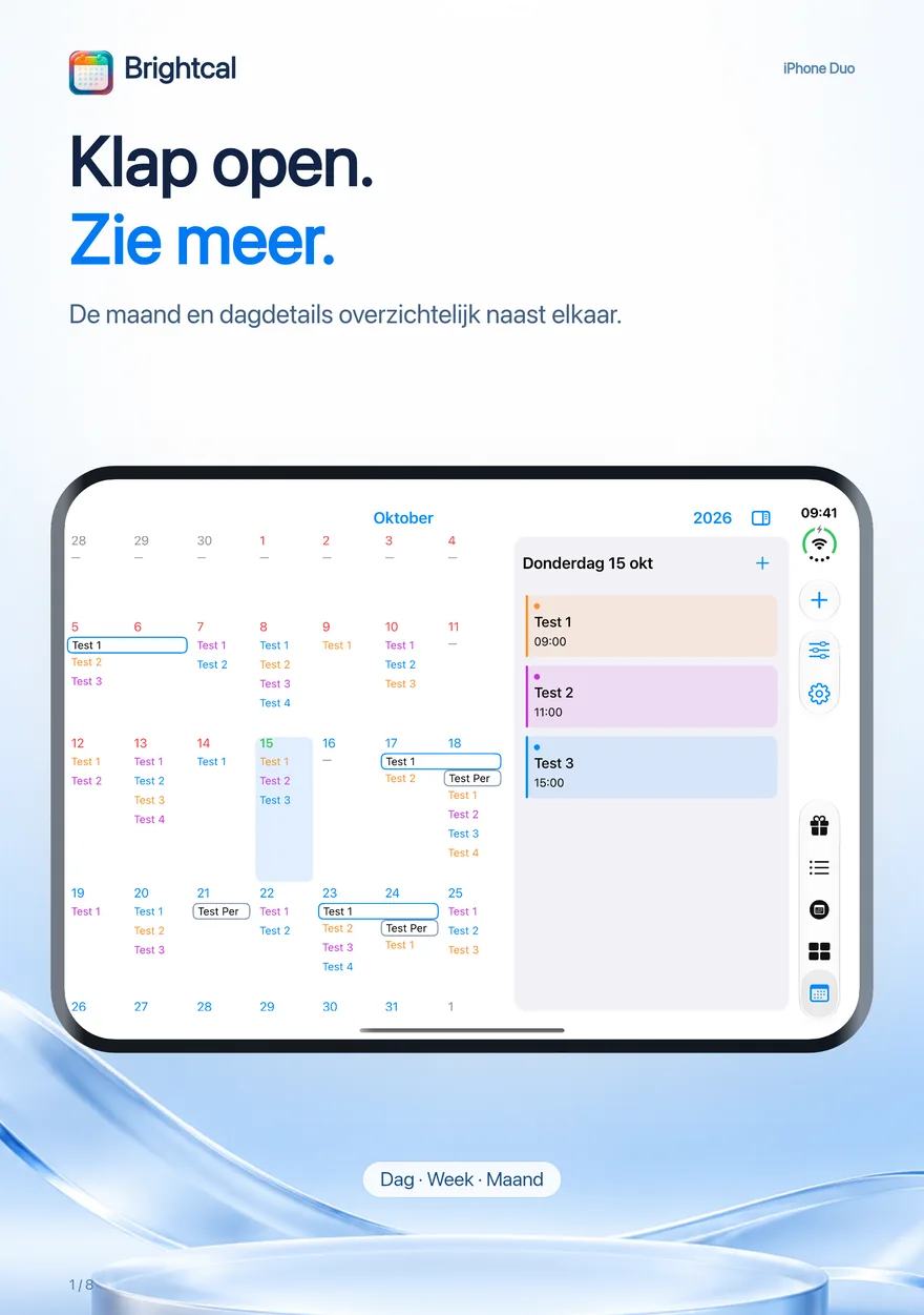 Brightcal · iPhone Duo — Brightcal van Dacoder: maandoverzicht en dagdetails naast elkaar op iPhone Duo.