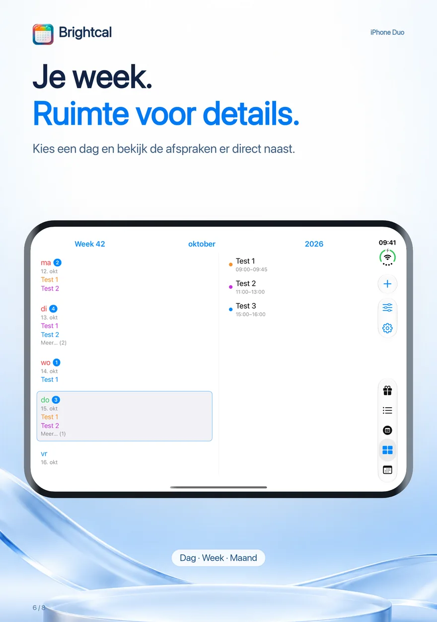 Brightcal · iPhone Duo — Brightcal van Dacoder: weekweergave met daarnaast de afspraken van de gekozen dag op iPhone Duo.
