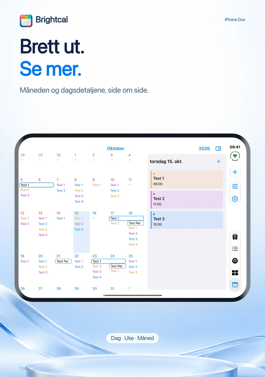 Brightcal · iPhone Duo — Brightcal fra Dacoder: månedsoversikt og dagsdetaljer side om side på iPhone Duo.