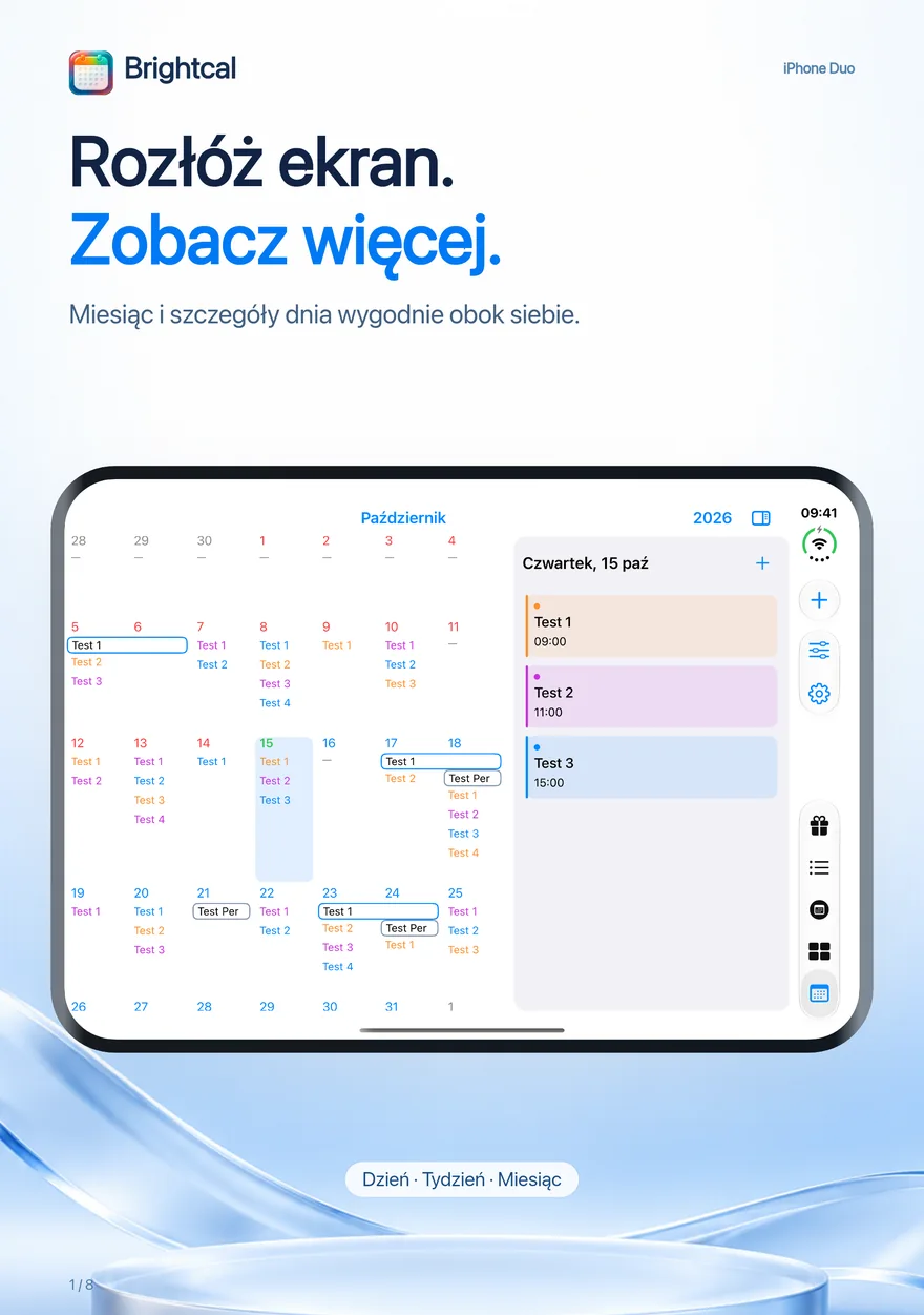 Brightcal · iPhone Duo — Brightcal od Dacoder: widok miesiąca i szczegóły dnia obok siebie na iPhone Duo.