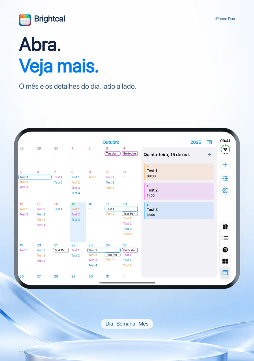 Brightcal · iPhone Duo — Brightcal da Dacoder: visão mensal e detalhes do dia lado a lado no iPhone Duo.