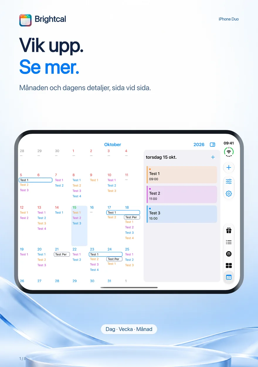 Brightcal · iPhone Duo — Brightcal från Dacoder: månadsöversikt och dagsdetaljer sida vid sida på iPhone Duo.