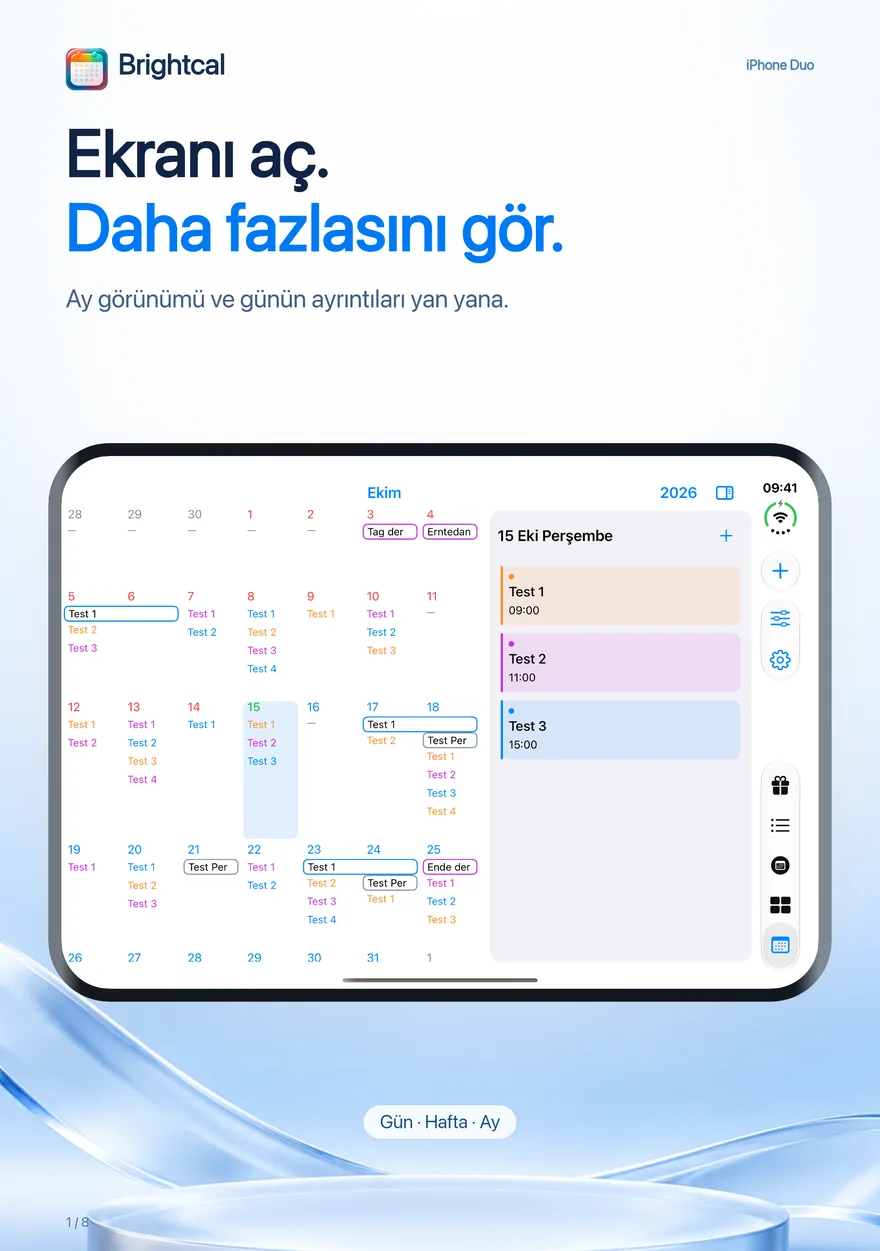 Brightcal · iPhone Duo — Dacoder’ın Brightcal uygulaması: iPhone Duo’da ay görünümü ve gün ayrıntıları yan yana.