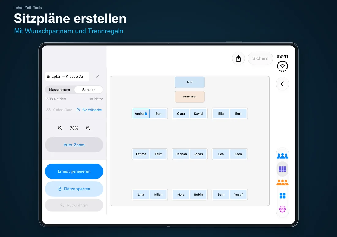 LehrerZeit: Tools – Sitzpläne erstellen: Mit Wunschpartnern und Trennregeln – iPhone Duo