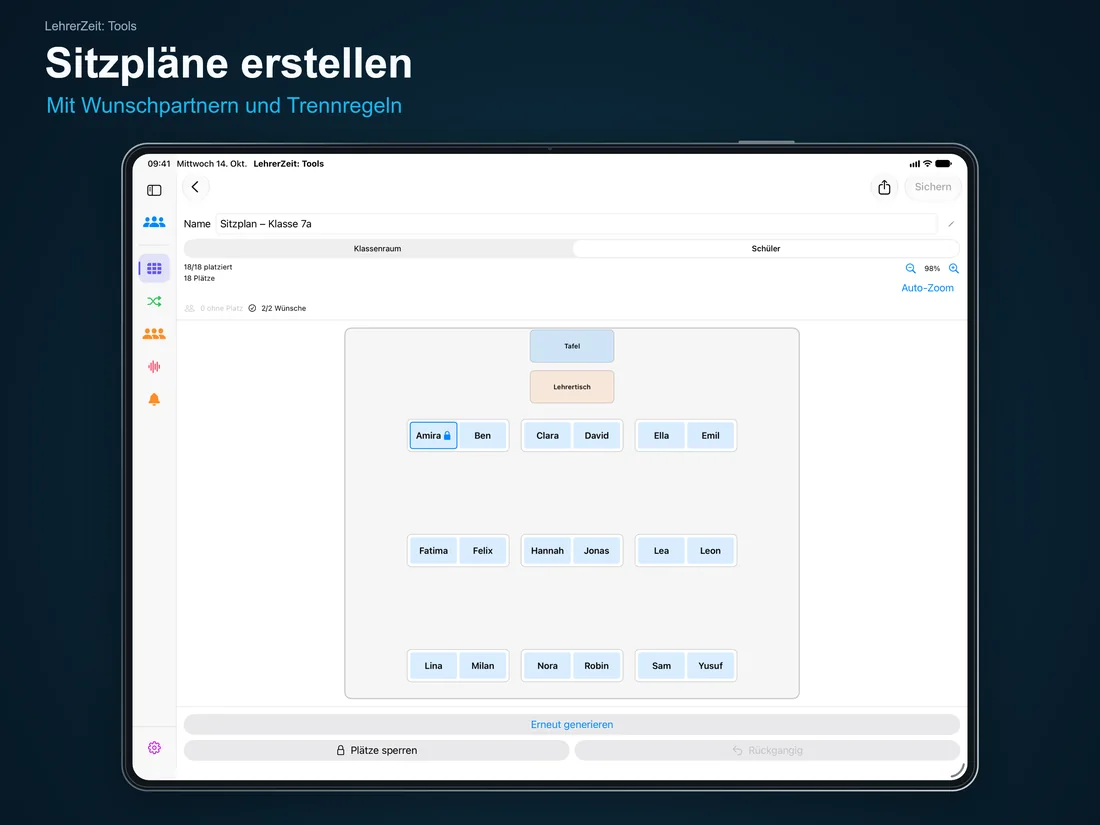LehrerZeit: Tools – Sitzpläne erstellen: Mit Wunschpartnern und Trennregeln – iPad