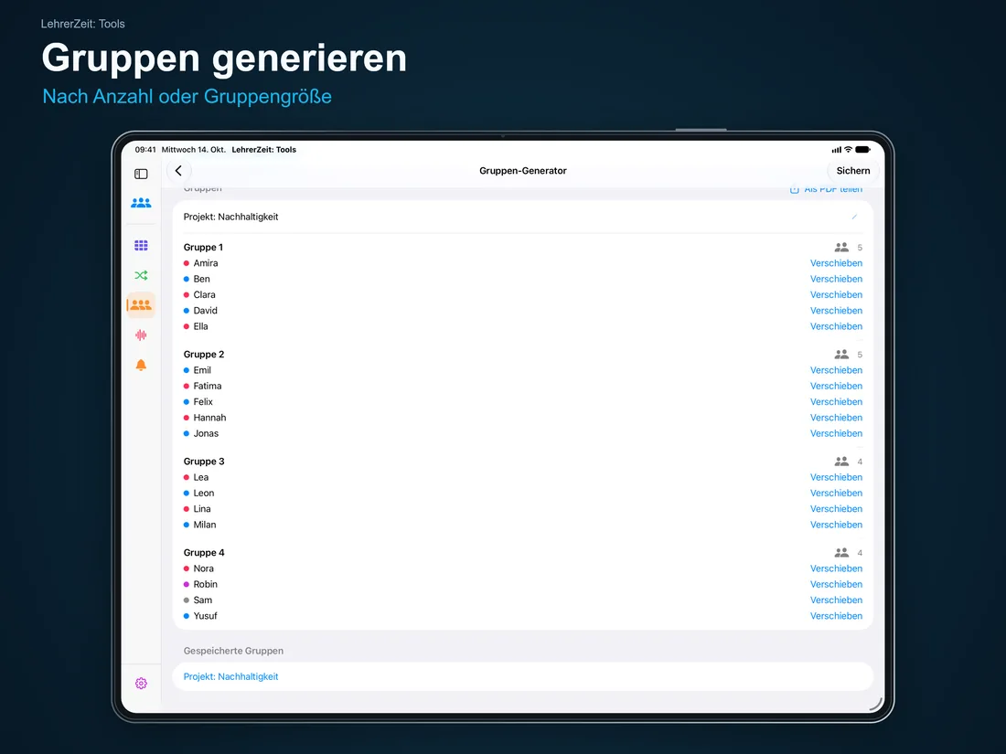 LehrerZeit: Tools – Gruppen generieren: Nach Anzahl oder Gruppengröße