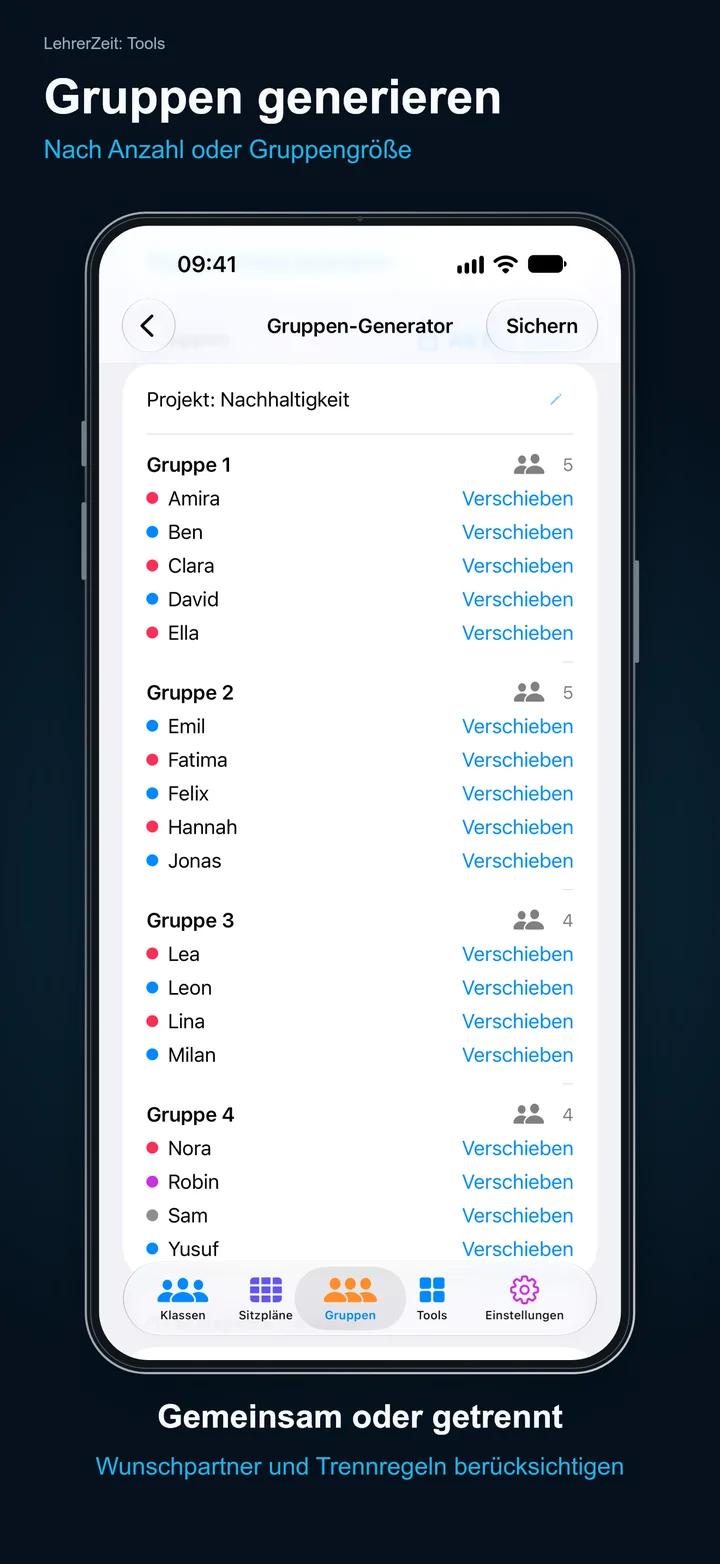LehrerZeit: Tools – Gruppen generieren: Nach Anzahl oder Gruppengröße