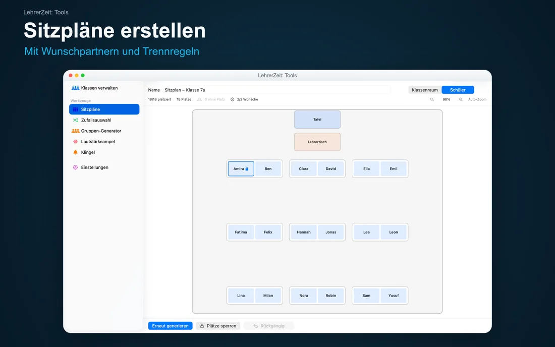 LehrerZeit: Tools – Sitzpläne erstellen: Mit Wunschpartnern und Trennregeln – Mac