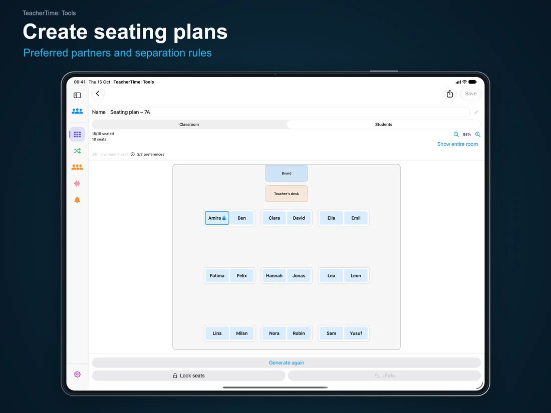 TeacherTime: Tools – Create seating plans: Preferred partners and separation rules – iPad