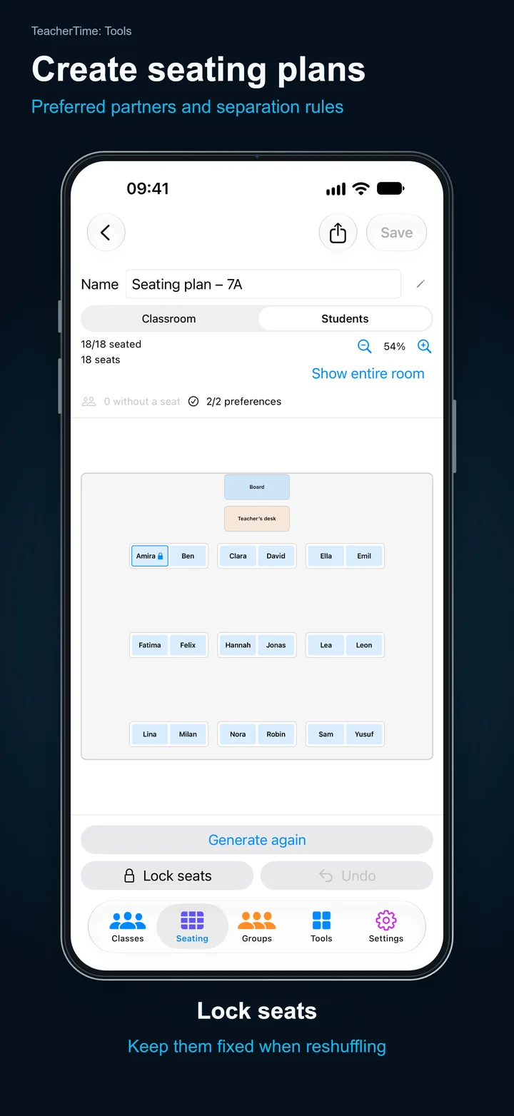 TeacherTime: Tools – Create seating plans: Preferred partners and separation rules