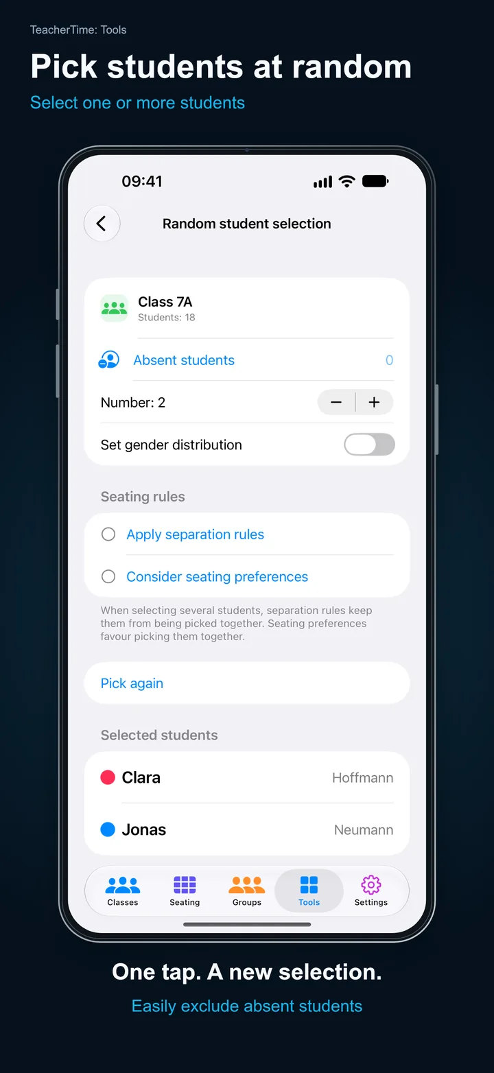TeacherTime: Tools – Pick students at random: Select one or more students