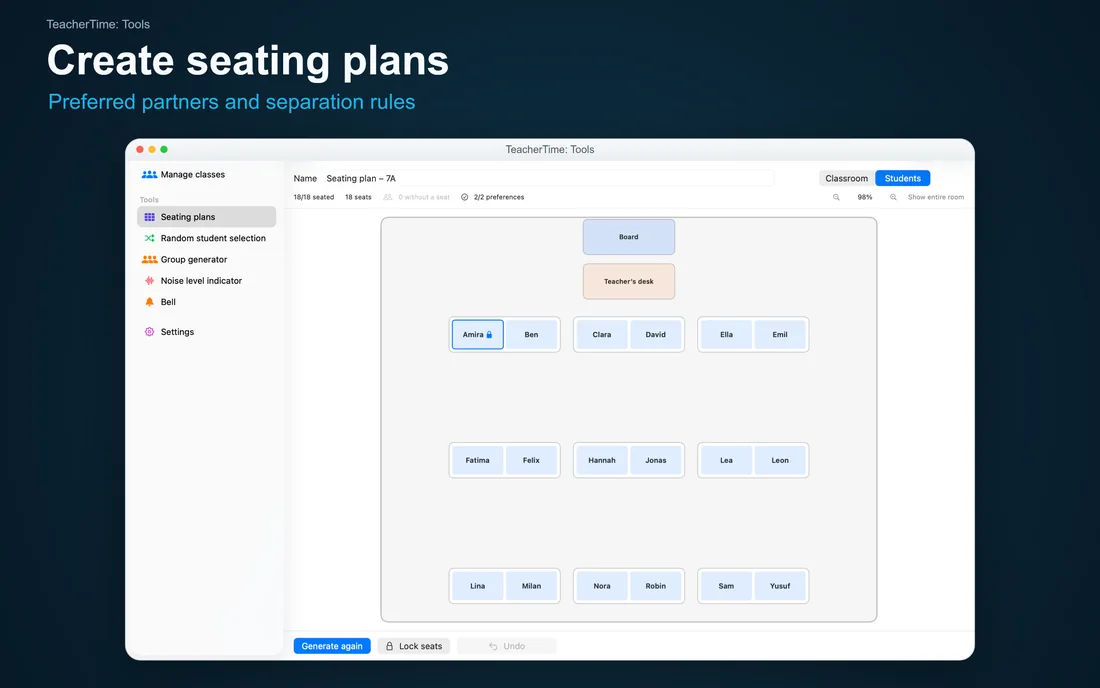 TeacherTime: Tools – Create seating plans: Preferred partners and separation rules – Mac