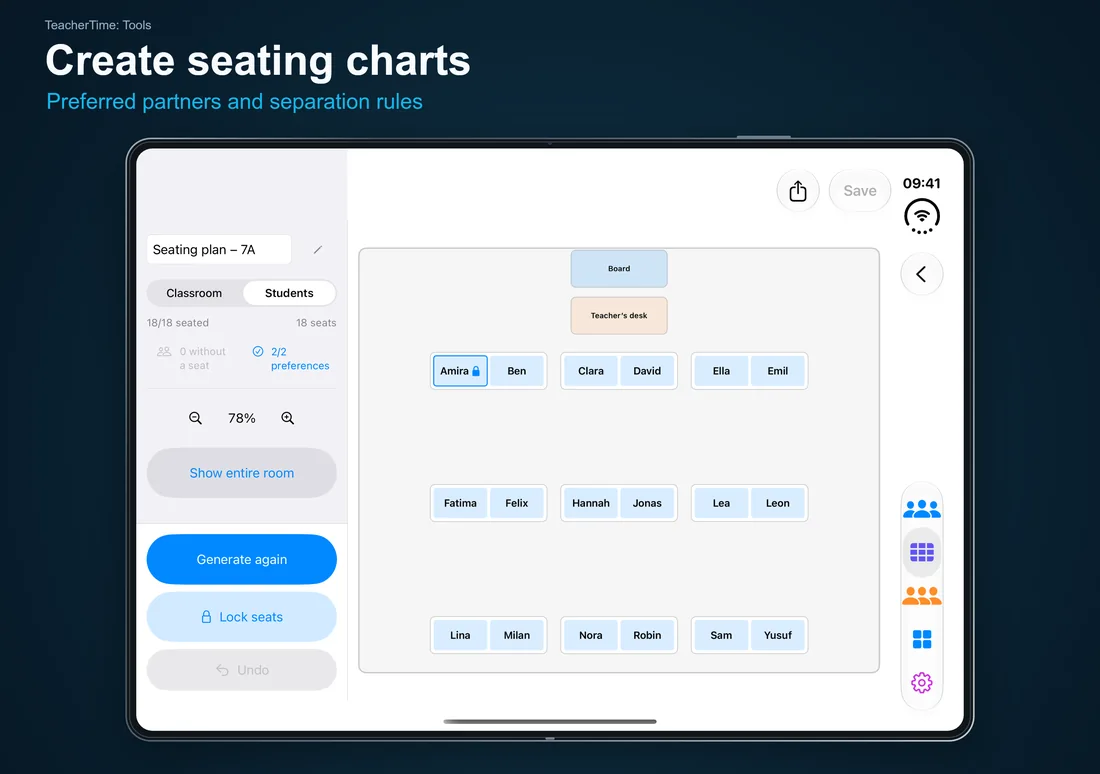 TeacherTime: Tools – Create seating charts: Preferred partners and separation rules – iPhone Duo