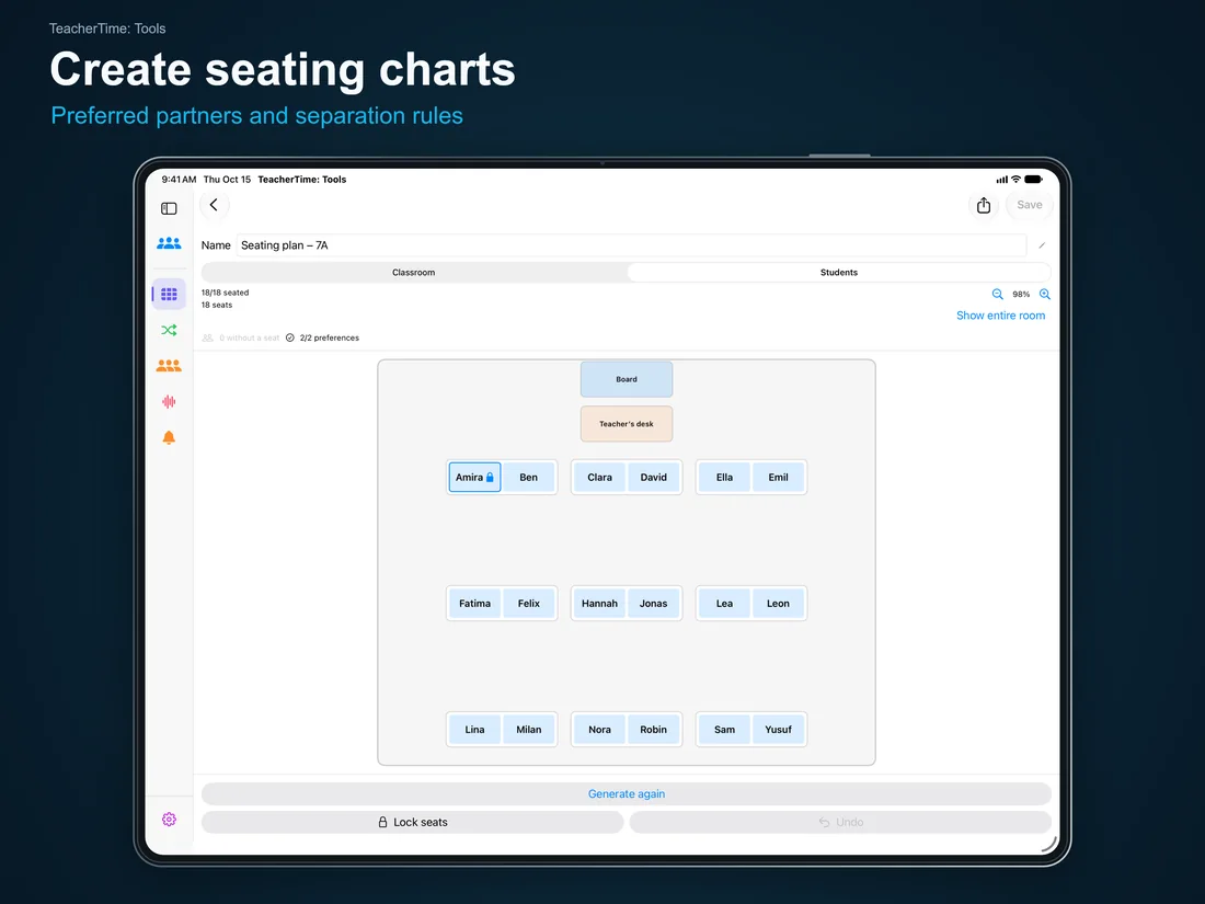 TeacherTime: Tools – Create seating charts: Preferred partners and separation rules – iPad