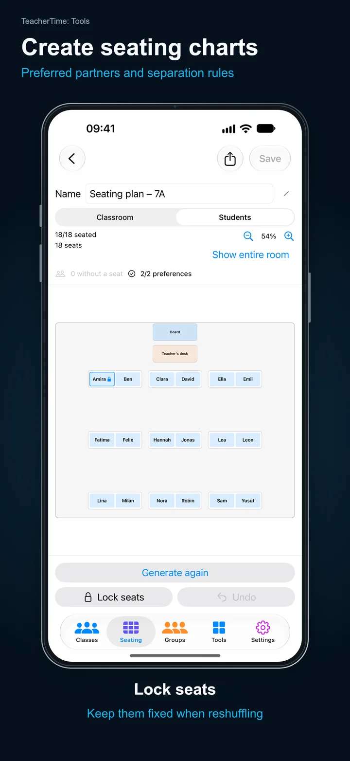 TeacherTime: Tools – Create seating charts: Preferred partners and separation rules