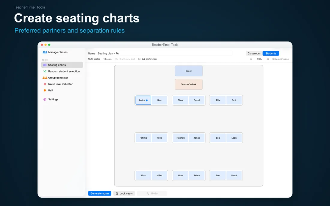 TeacherTime: Tools – Create seating charts: Preferred partners and separation rules – Mac