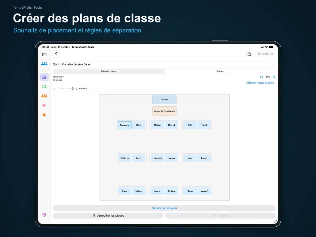 TempsProfs: Tools – Créer des plans de classe: Souhaits de placement et règles de séparation – iPad