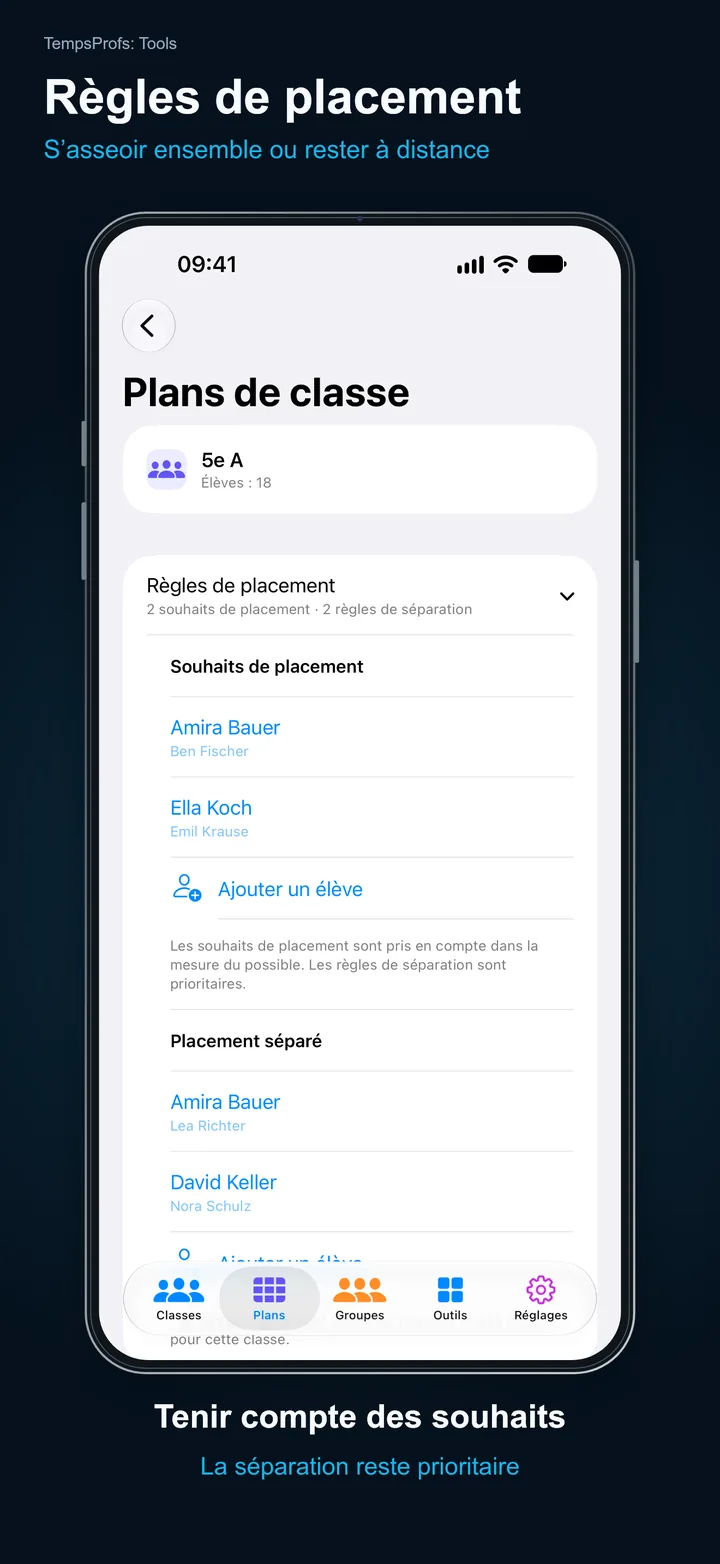 TempsProfs: Tools – Règles de placement: S’asseoir ensemble ou rester à distance