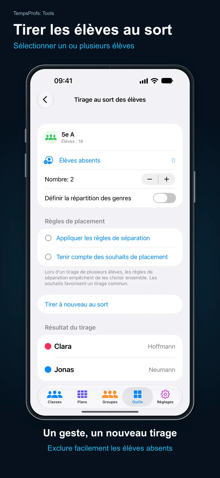 TempsProfs: Tools – Tirer les élèves au sort: Sélectionner un ou plusieurs élèves
