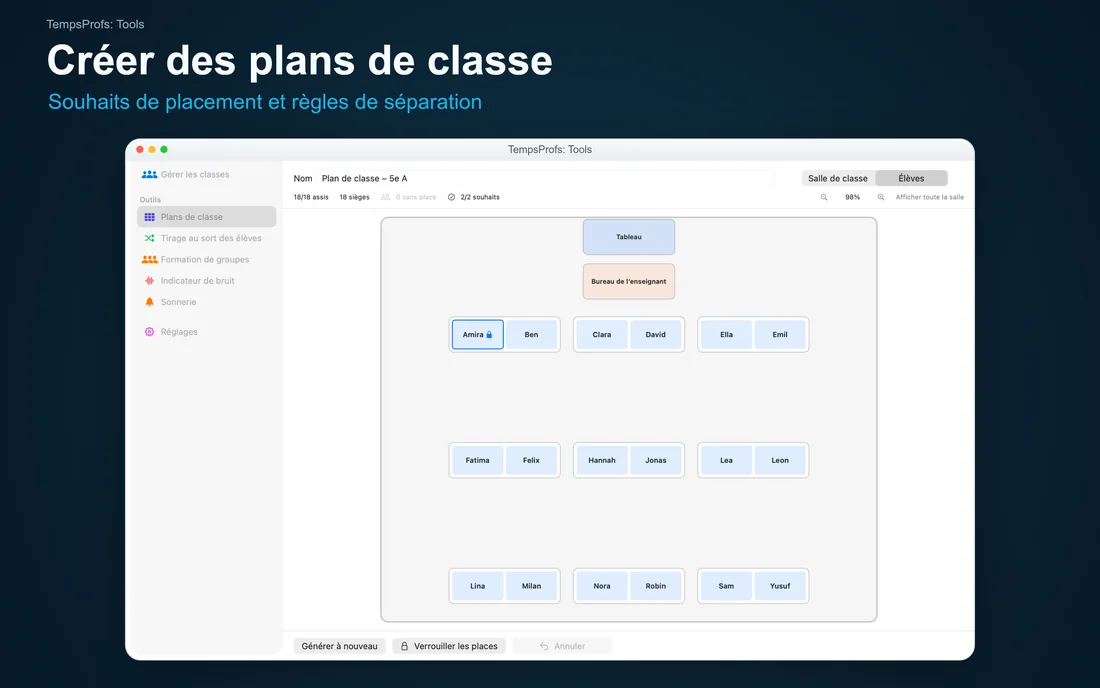 TempsProfs: Tools – Créer des plans de classe: Souhaits de placement et règles de séparation – Mac