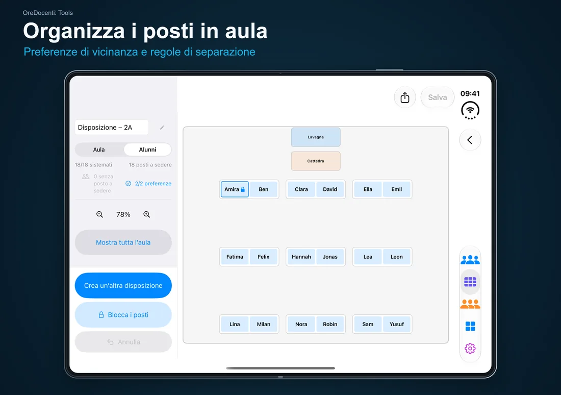 OreDocenti: Tools – Organizza i posti in aula: Preferenze di vicinanza e regole di separazione – iPhone Duo