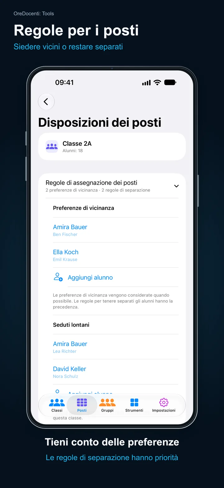 OreDocenti: Tools – Regole per i posti: Siedere vicini o restare separati