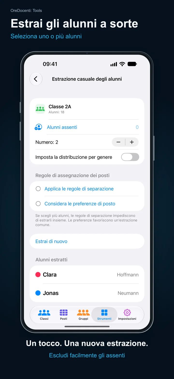 OreDocenti: Tools – Estrai gli alunni a sorte: Seleziona uno o più alunni