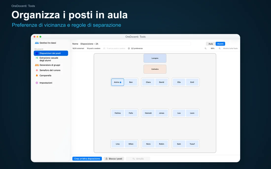 OreDocenti: Tools – Organizza i posti in aula: Preferenze di vicinanza e regole di separazione – Mac