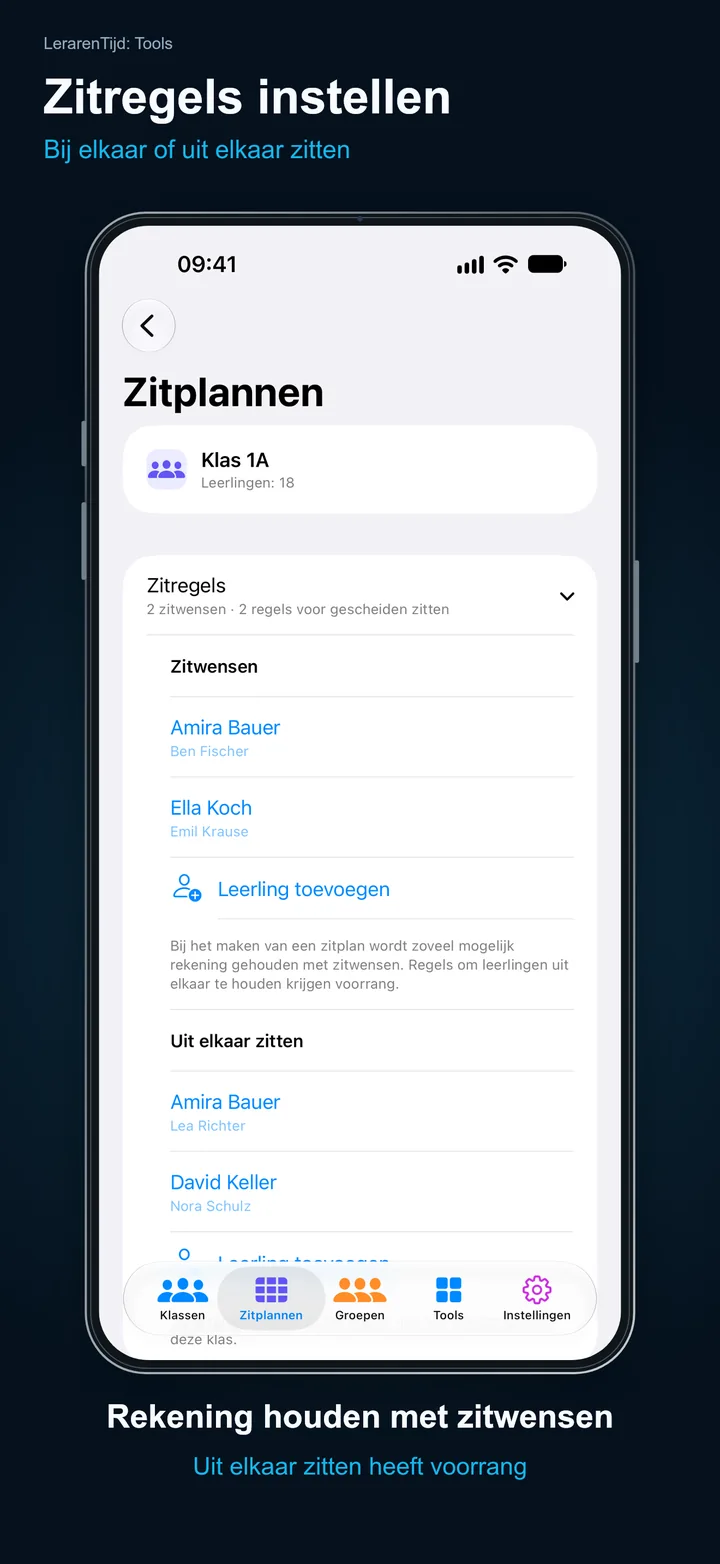 LerarenTijd: Tools – Zitregels instellen: Bij elkaar of uit elkaar zitten